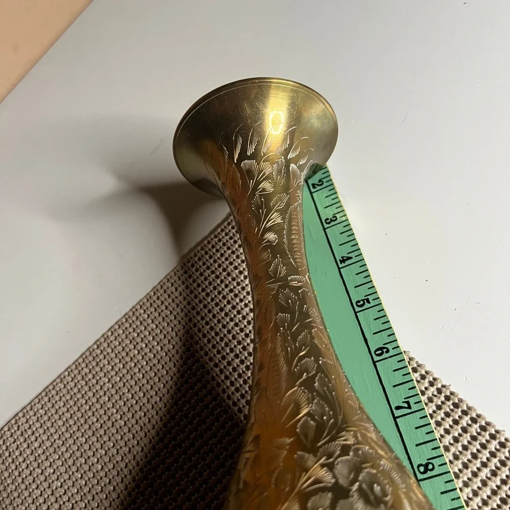 Vintage Etched Brass Bud Vase Hand Crafted Floral Pattern Made in India 8.5 Inch